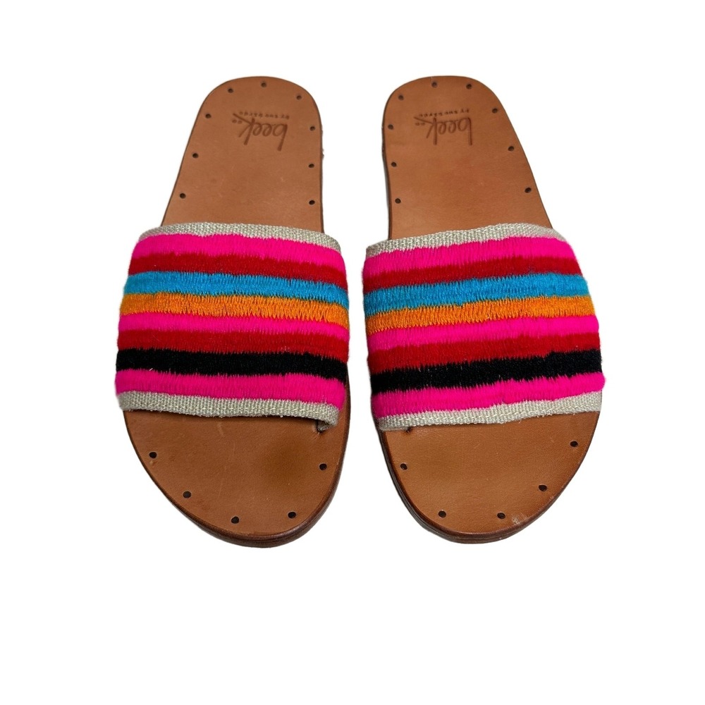 Beek Sandals Women Rainbow Stripe Embroidered Leather Slide Sandals‎ Size 7